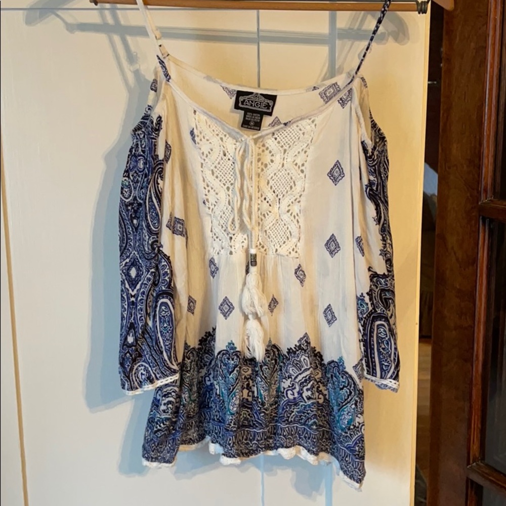 Off the shoulder blue and white shirt